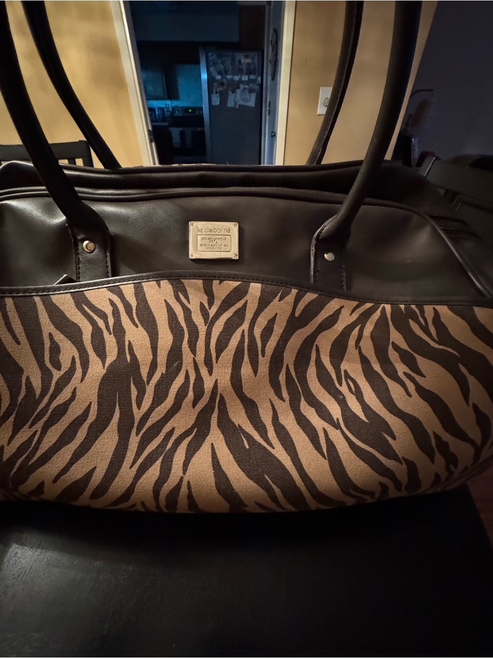 Liz Claiborne Zebra-Pattern Shoulder Tote in Black and Tan